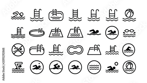 Foto Set of black line icons for swimming pool and water sport activities on white tr