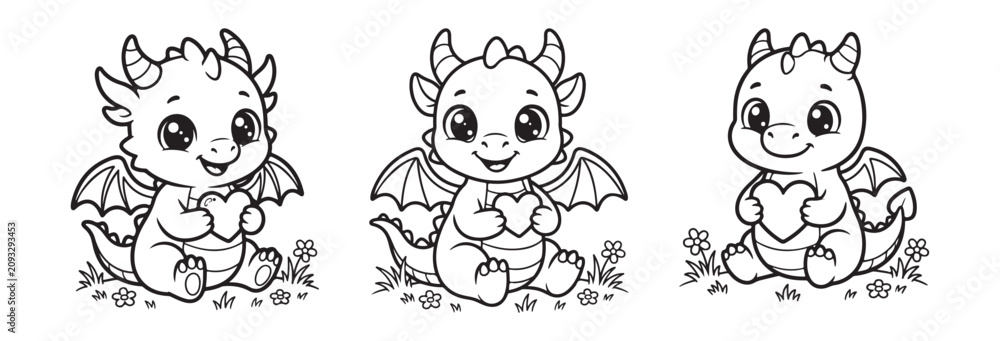 Obraz premium Cute baby dragon coloring page set, 3 adorable cartoon dragons holding hearts, black and white fantasy creature line art for kids activity book