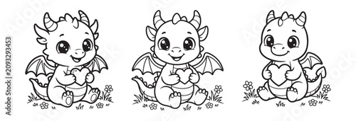 Cute baby dragon coloring page set, 3 adorable cartoon dragons holding hearts, black and white fantasy creature line art for kids activity book