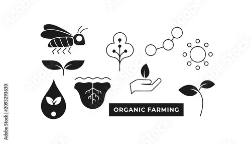 Bild auf Leinwand Very beautiful black and white realistic vector illustration of organic farming icons featuring clean outline eco symbols and a bold label reading ORGANIC FARMING, isolated on white background