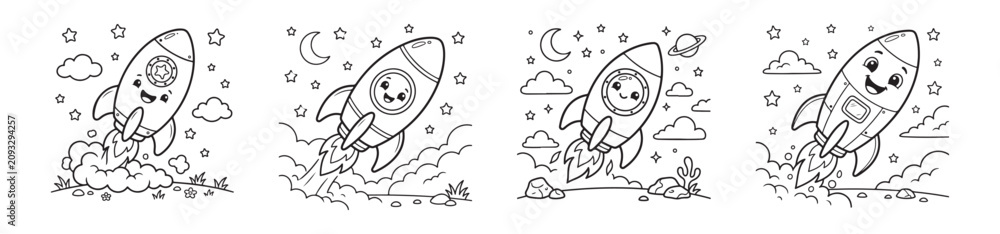 Obraz premium Kawaii rocket ship coloring page set, cute cartoon spaceship flying in space vector illustrations, 4 black and white space travel scenes for kids