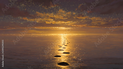A glowing trail of footsteps leading to a horizon bathed in light, symbolizing the promise of a journey fulfilled.