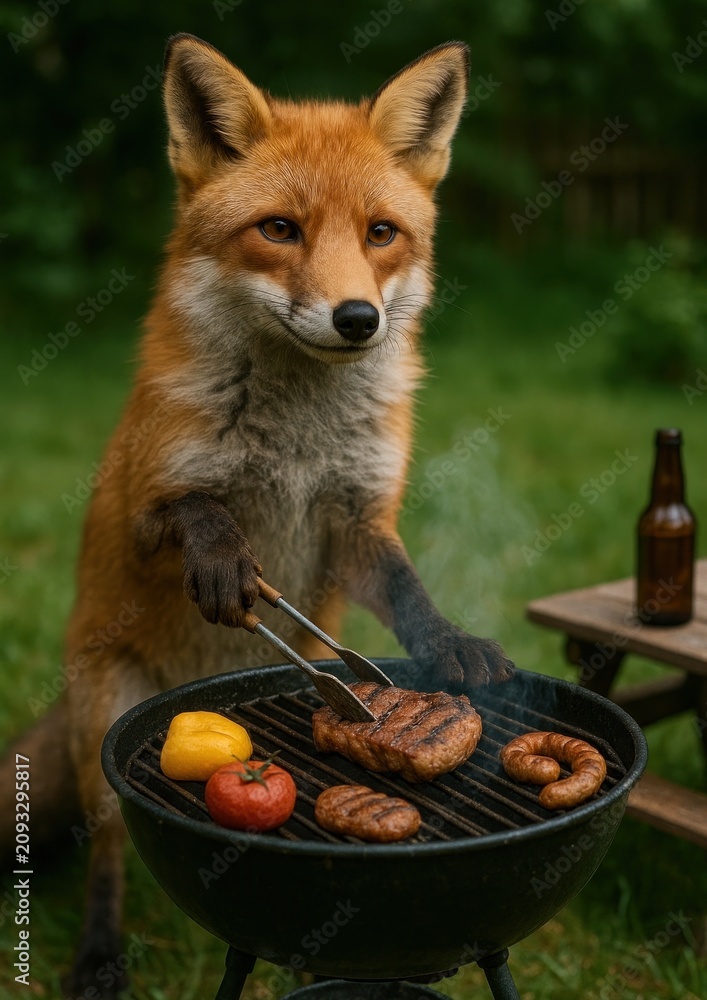 Fototapeta premium Fox grilling sausages and steak.