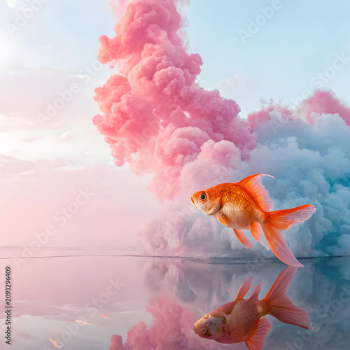 a surreal image of an orange goldfish seeming to float