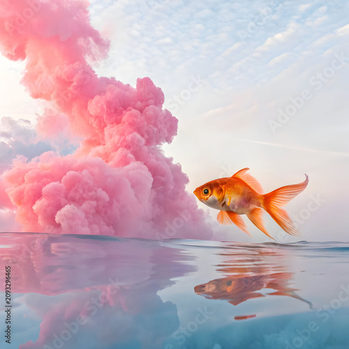a surreal image of an orange goldfish seeming to float