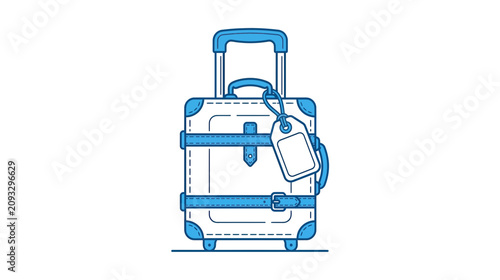Modern Rolling Suitcase with Luggage Tag, Travel and Vacation Concept, Clean Line Art Illustration