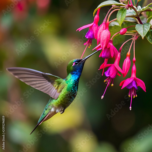 a vibrant emerald throated hummingbird with iridescent feathers