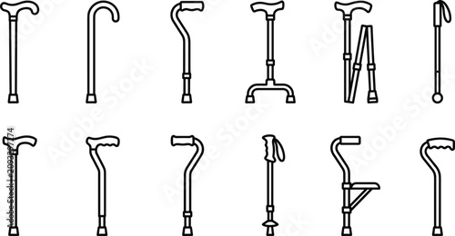 Bild auf Leinwand Walking cane medical mobility stick icon set vector black and white line art sen