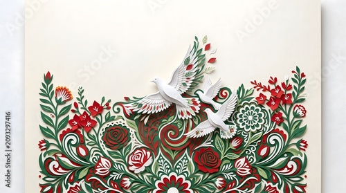 Exquisite 3D layered papercut art style illustration featuring three white doves flying gracefully above an intricate floral mandala pattern