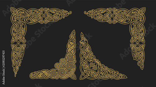 Celtic knotwork corner borders collection featuring intricate golden viking animal illustrations on a dark textured background for graphic design projects