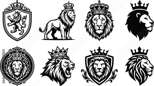 Billede på lærred Elegant heraldic lion emblems with crowns, royal insignia designs, majestic anim