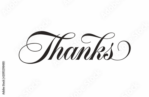 Black calligraphy text thanks isolated on a white background, script lettering for greeting cards and invitations