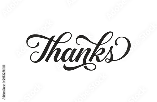 Black calligraphy text thanks isolated on a white background, script lettering for greeting cards and invitations