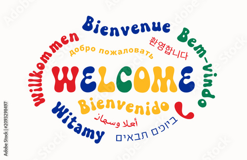 Colorful retro bubble lettering of the word welcome surrounded by greetings in multiple languages on white background