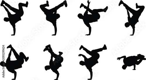 Fotografi Collection of breakdancer silhouettes performing dynamic hip hop and breakdancin