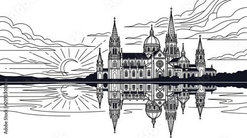 Canvastavla Monolithic Cathedral Reflection Sunset Line Art