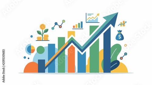 Colorful abstract financial growth chart with coins money bag and upward arrow