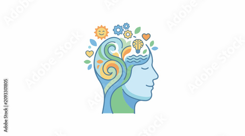 Stylized profile of a head filled with abstract symbols representing thoughts