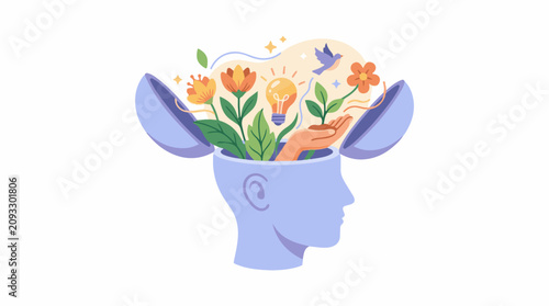Open head reveals blooming ideas lightbulb and bird soaring