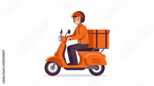 Delivery person on an orange scooter with a large storage box on back