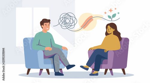 Two people in chairs discussing problems and solutions