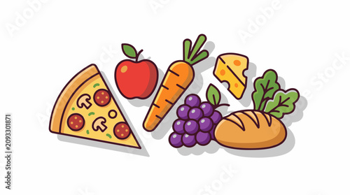 Assorted foods including pizza apple carrot grapes cheese and bread