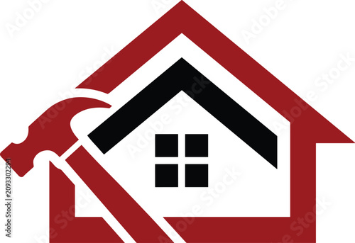 House construction and renovation logo design combining hammer tool with red roof outline, black window panes, and home repair concept
