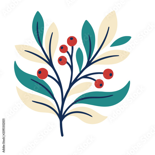 Stylized branch with red berries and leaves