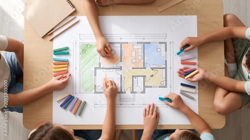 Children learning about architecture drawing a house plan with colorful pastels