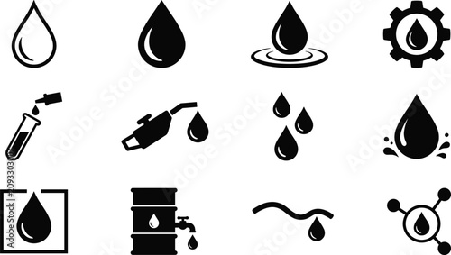 Cuadro en lienzo Oil fuel water drop icon set vector black and white gasoline nozzle barrel molec