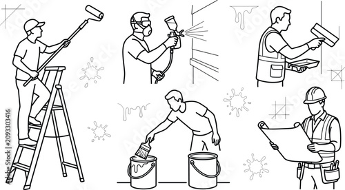 Foto Professional house painter and decorator vector icons set featuring workers with
