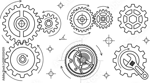 Mechanical gear outline vector icons set featuring blueprint cogs clockwork wheel and wrench tool for engineering concept design