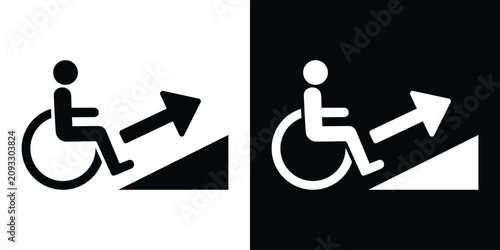Wheelchair access moving up icon set. Universal disability sign with an upward arrow and slope, symbolizing progress, elevation, and public accessibility.