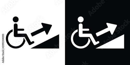 Wheelchair access moving up icon set. Universal disability sign with an upward arrow and slope, symbolizing progress, elevation, and public accessibility.