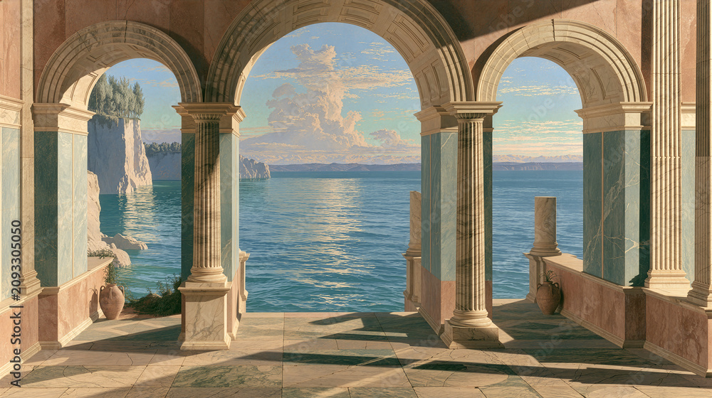Fototapeta premium Classical naturalist painting of a trompe l'oeil architectural archway