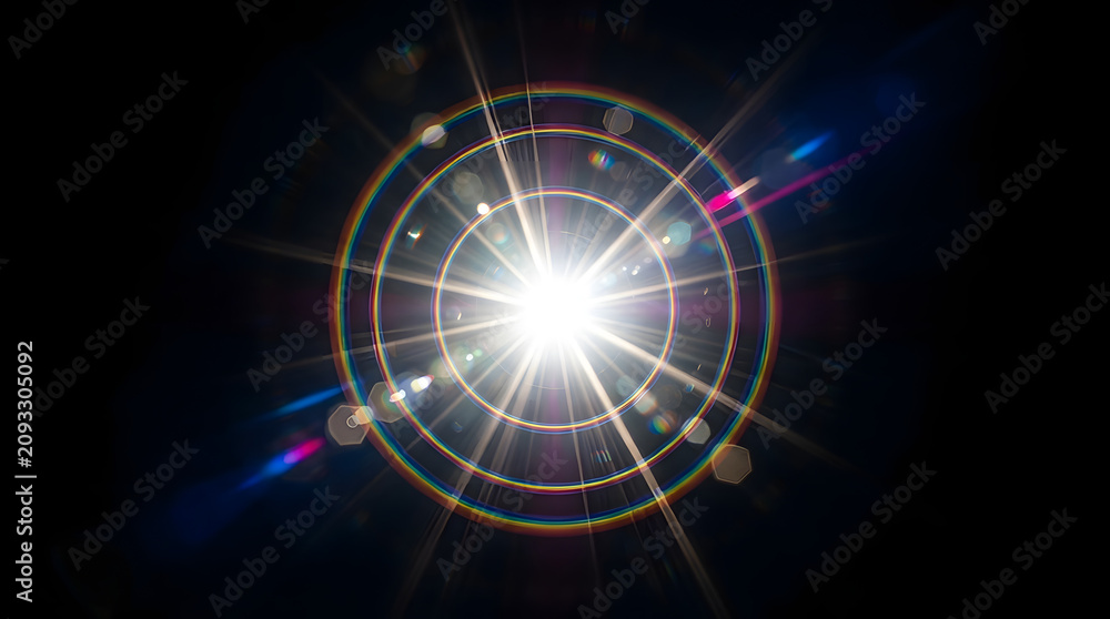 Obraz premium Cosmic Burst of Light: A brilliant starburst radiates energy, creating a vibrant spectacle of light and color against a dark background.
