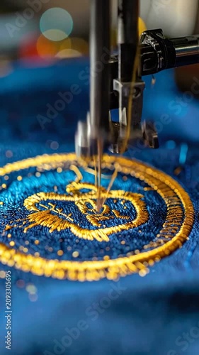 An embroidery machine stitches a golden crest on blue fabric