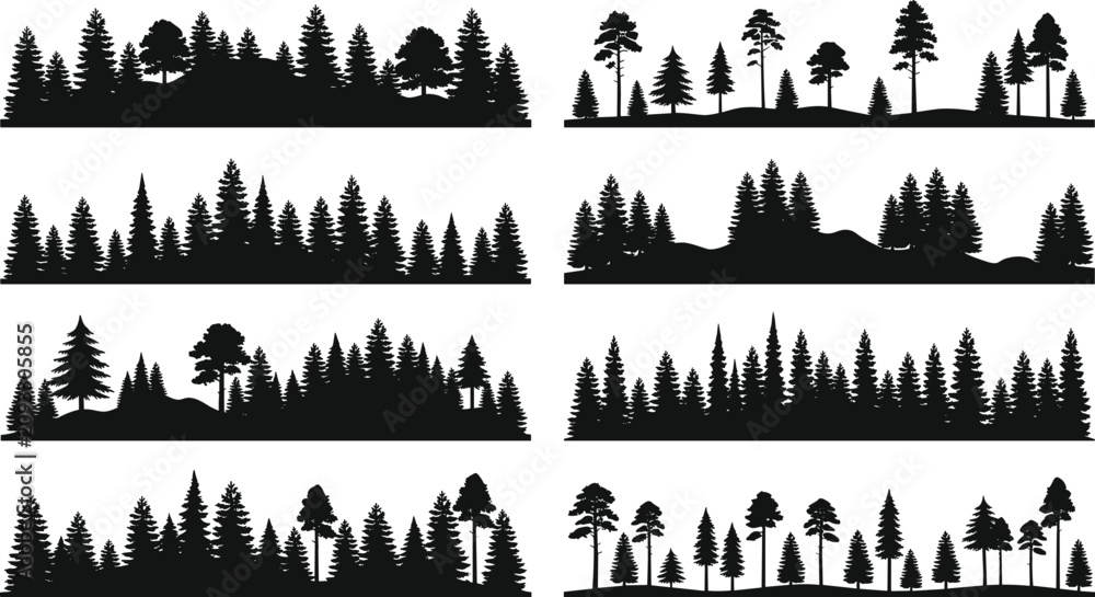 Fototapeta premium Forest Tree Border Black Silhouette Collection Featuring Woodland Landscape Horizons Nature Scene Vector Design Elements