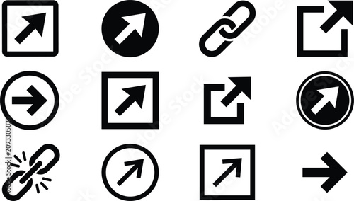 Cuadro en lienzo External link and arrow icon set showing diagonal pointer signs button shapes hy