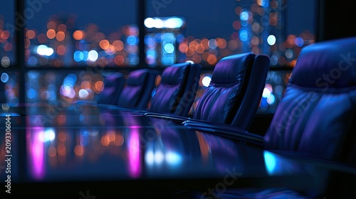 Empty plush chairs face a blurred city skyline at dusk