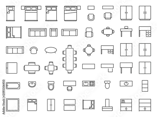 Collection of interior design furniture floor plan icons featuring architectural top view symbols for home planning and professional room layout projects