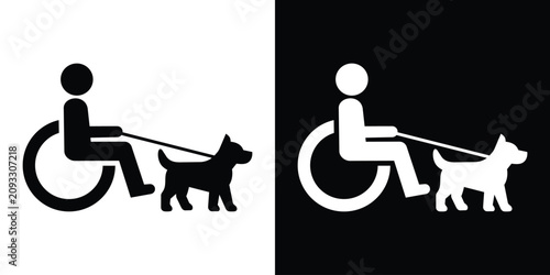 Disabled person in a wheelchair with a service dog vector icon set. Assistance animal sign representing companionship, guidance, and accessibility needs.