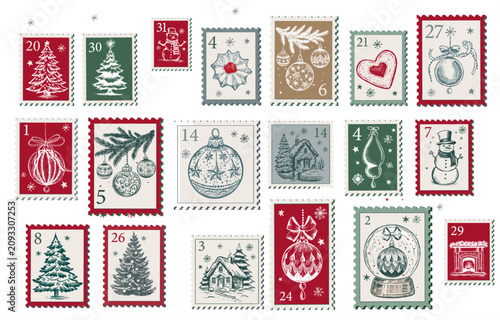 Set of christmas postage stamps with handdrawn holiday elements vintage festive collection with trees, ornaments, snowmen, and winter houses on