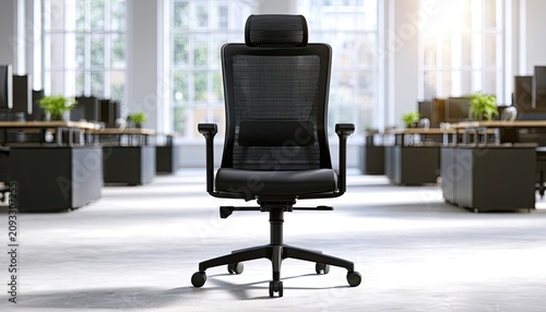 Modern black ergonomic office chair centered in a bright, contemporary workspace