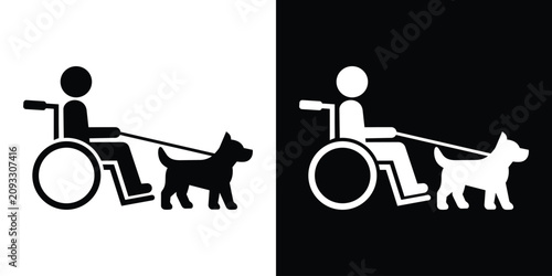 Disabled person in a wheelchair with a service dog vector icon set. Assistance animal sign representing companionship, guidance, and accessibility needs.