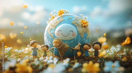 Claymation Earth Surrounded by Smiling Children and Nature