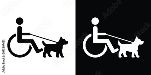 Disabled person in a wheelchair with a service dog vector icon set. Assistance animal sign representing companionship, guidance, and accessibility needs.