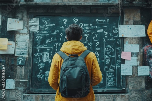 A man stands in front of a blackboard with question marks and scribbles, trying to figure out the details of his business plan, Generative AI