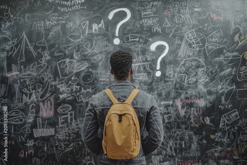 A man stands in front of a blackboard with question marks and scribbles, trying to figure out the details of his business plan, Generative AI