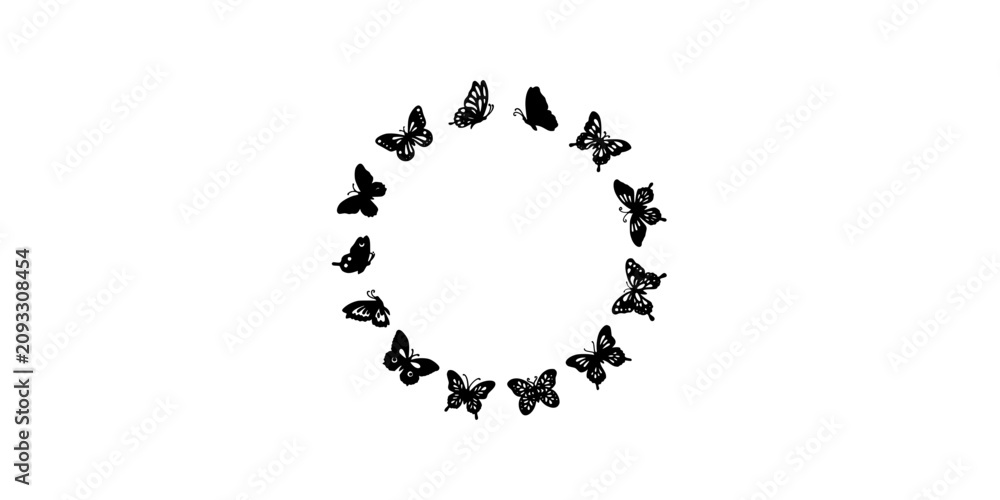 Fototapeta premium Butterflies Arranged in a Circular Pattern with Various Silhouettes Featuring Butterfly, Silhouette, Nature with Insect and Wing
